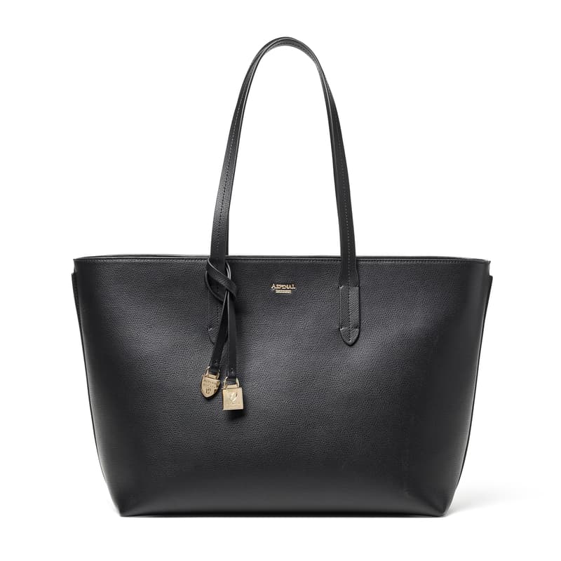 Zipped East West Tote with Charm in Black Soft Saffiano