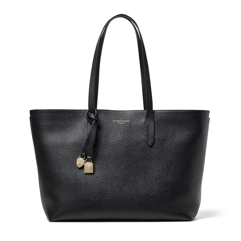 Zipped East West Tote with Charm in Black Pebble