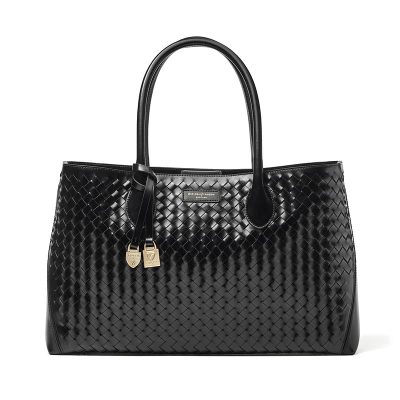 Tote in Black Patent Woven Leather with Engravable Charm