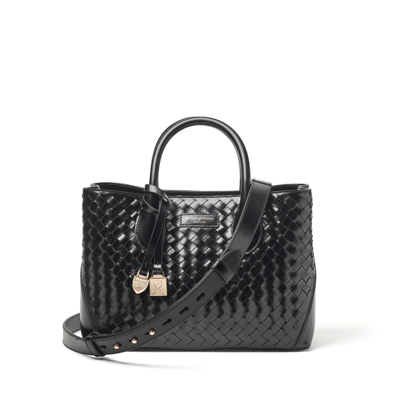 Midi London Tote in Black Patent Woven Leather with Engravable Charm