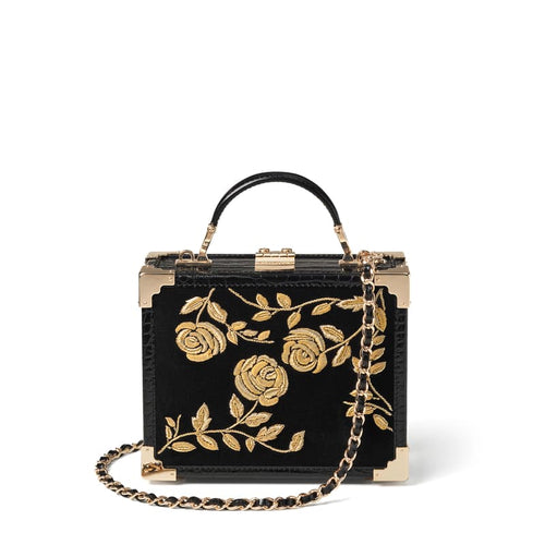 Trunk in Gold Rose Hand Embroidery on Black Velvet