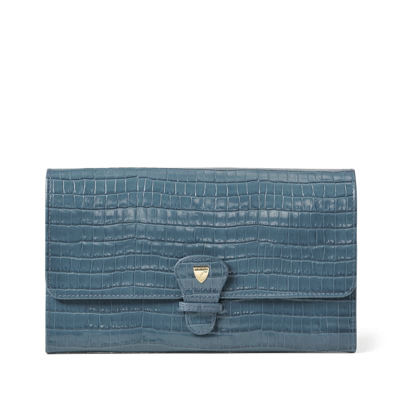 Classic Travel Wallet in Deep Shine Peacock Blue Small Croc