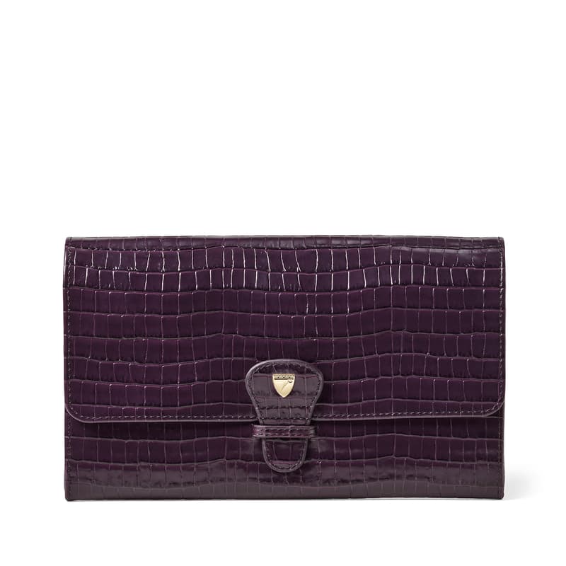 Classic Travel Wallet in Deep Shine Fig Small Croc