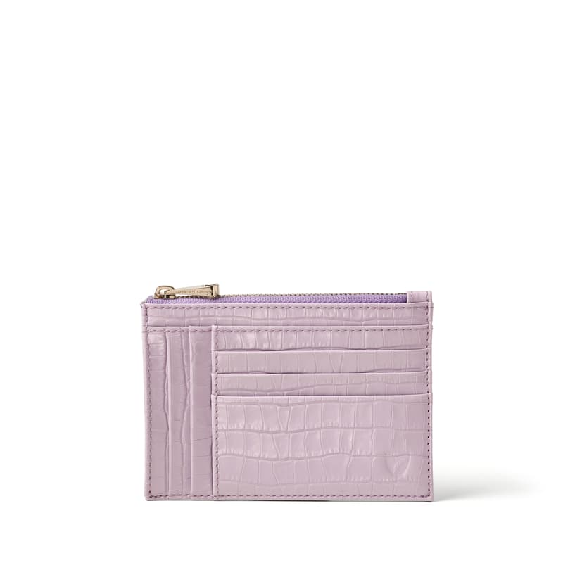 Double Sided Zipped Card & Coin Holder in Deep Shine English Lavender Small Croc
