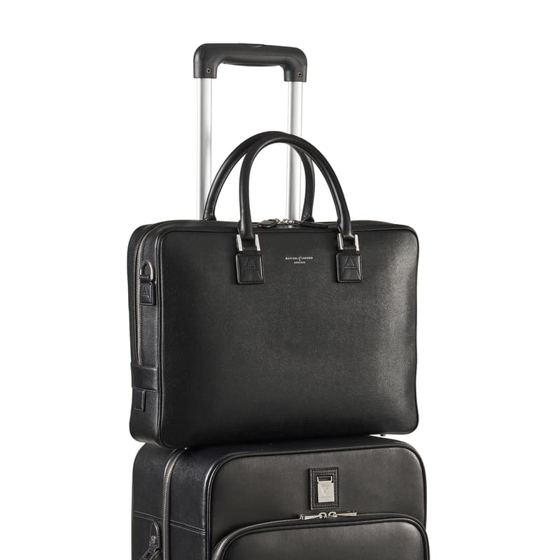 Mount Street Leather Laptop Briefcase Bag in Black Saffiano