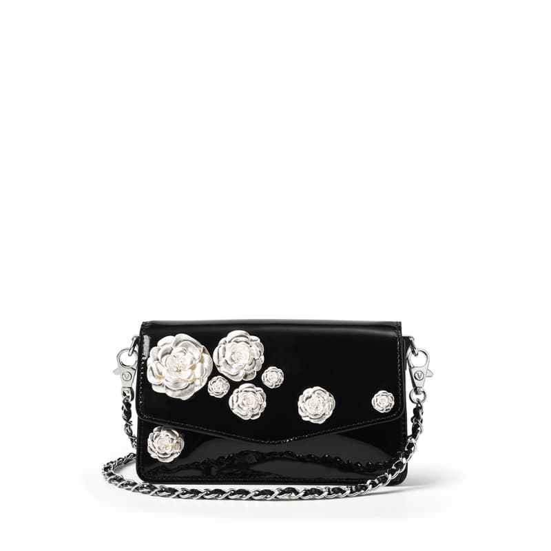 Sophie Clutch in Black Patent with Silver Rose Embellishments