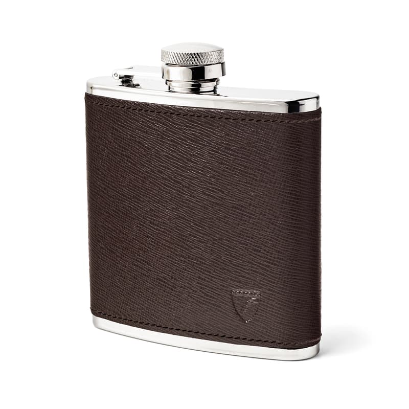 Classic 5oz Leather Hip Flask in Dark Brown Saffiano