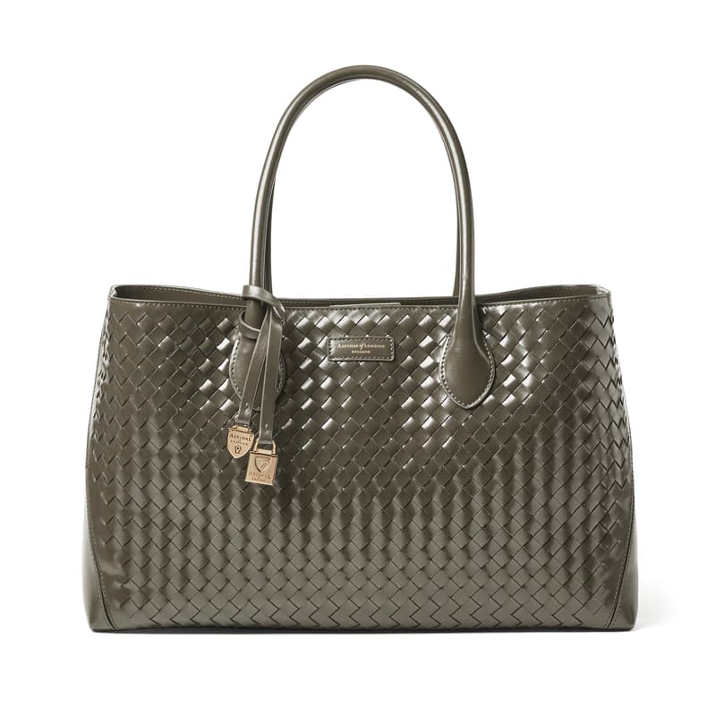 Tote in Evergreen Woven Leather with Engravable Charm