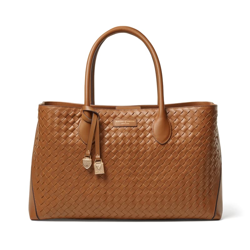 Tote in Tan Woven Leather with Engravable Charm