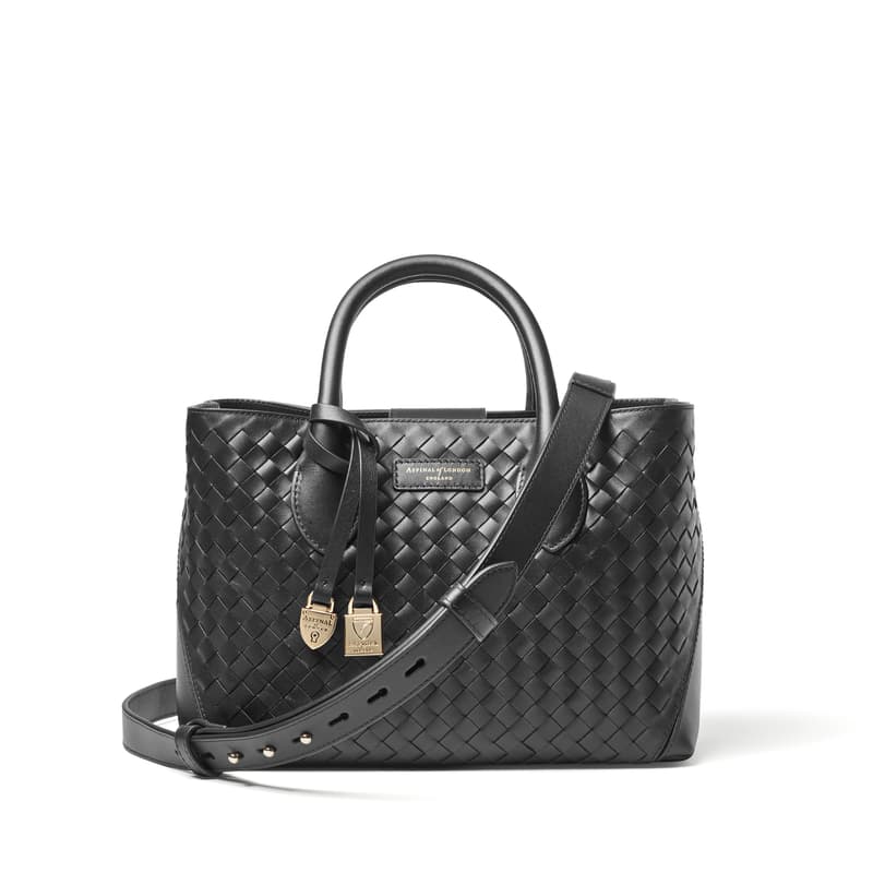 Midi London Tote in Black Woven Leather with Engravable Charm