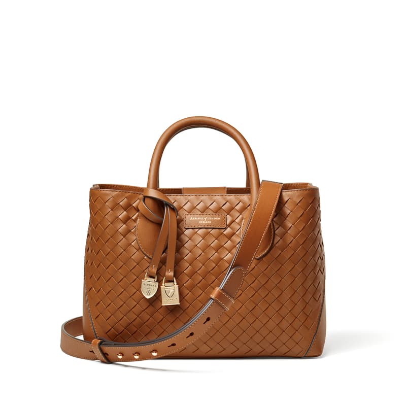 Midi London Tote in Tan Woven Leather with Engravable Charm