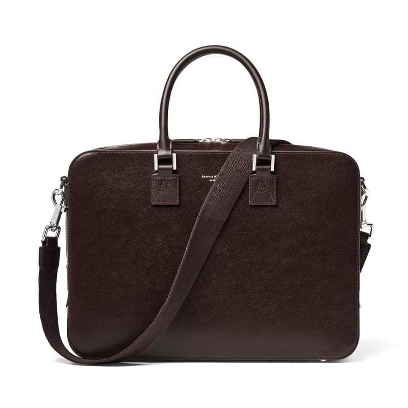 Mount Street Leather Laptop Briefcase in Dark Brown Saffiano