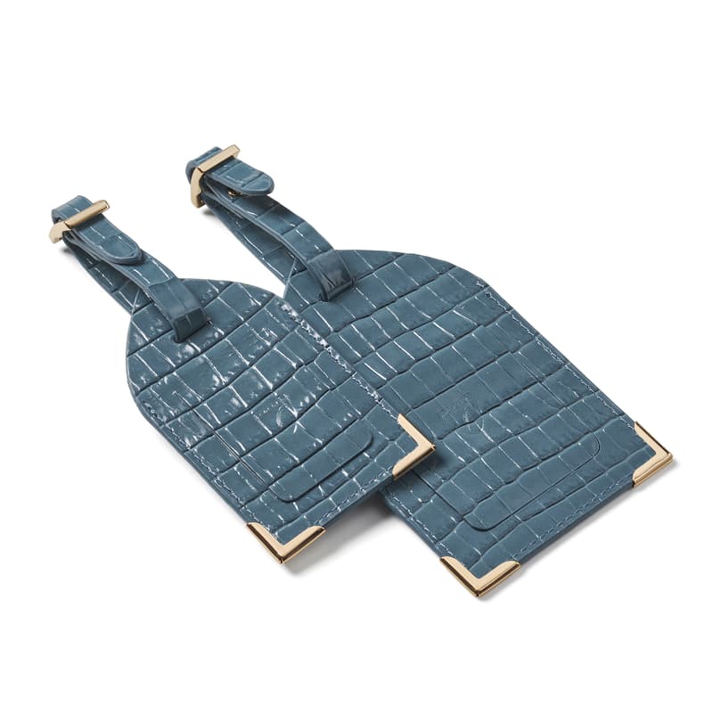 Set of 2 Luggage Tags in Deep Shine Peacock Blue Small Croc
