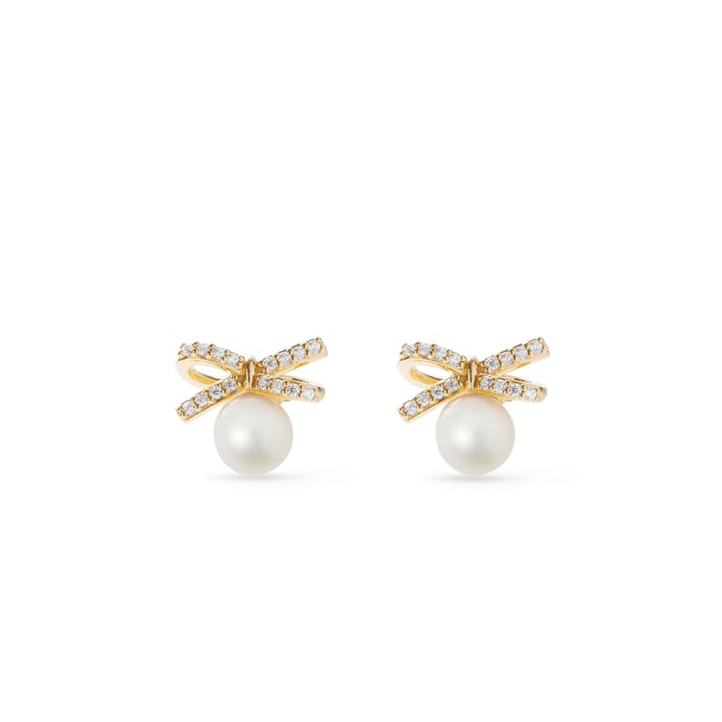Diamond & Pearl Bow Stud Earrings in 14ct Gold