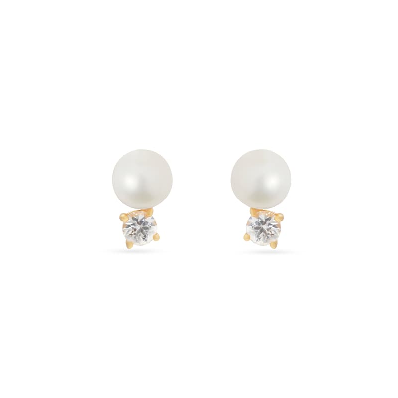 Toi Et Moi Stud Earrings in White Sapphire, Pearl & 14ct Gold