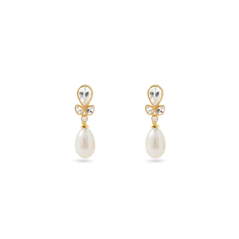 Floral Earrings with White Sapphire, Diamond & Pearl in 14ct Gold