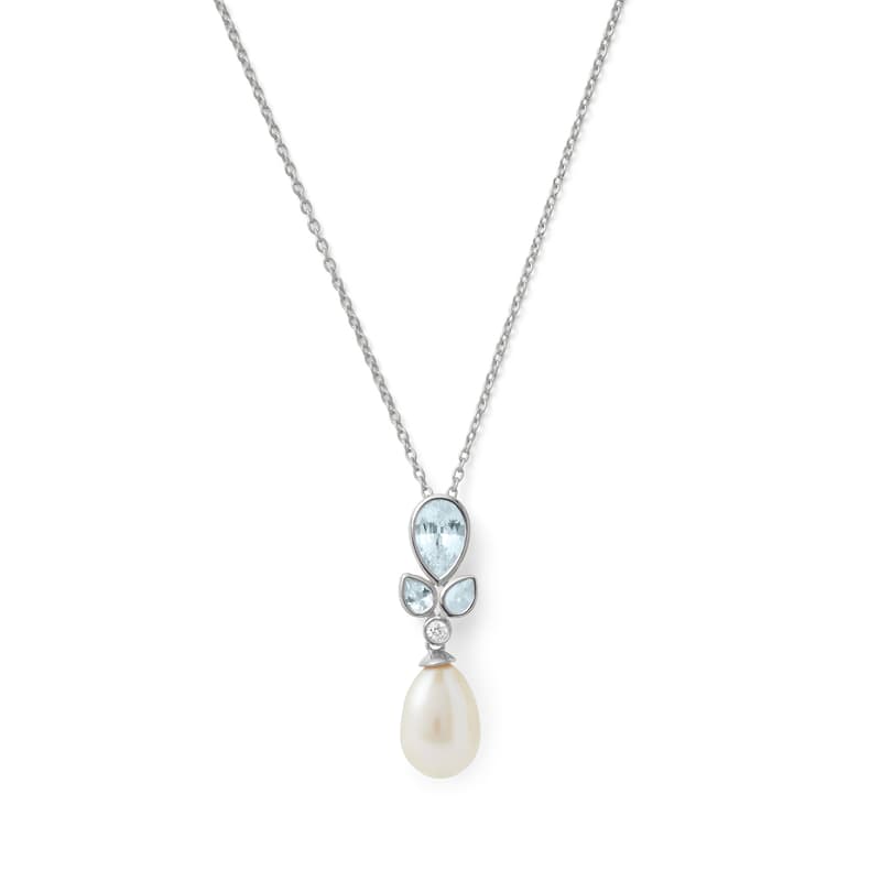Floral Necklace with Aquamarine, Diamond & Pearl in 14ct White Gold