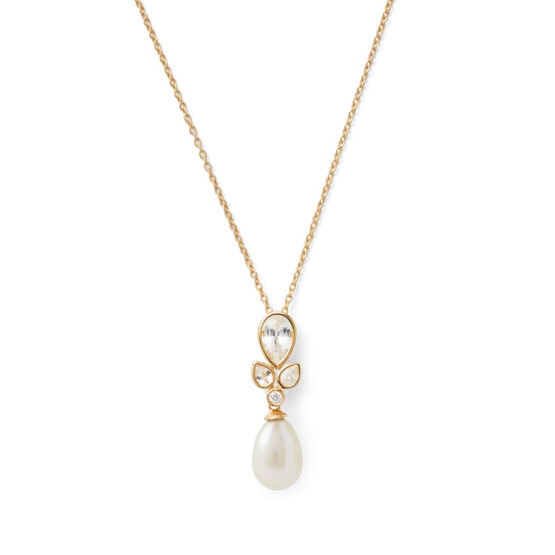 Floral Necklace with White Sapphire, Diamond & Pearl in 14ct Gold
