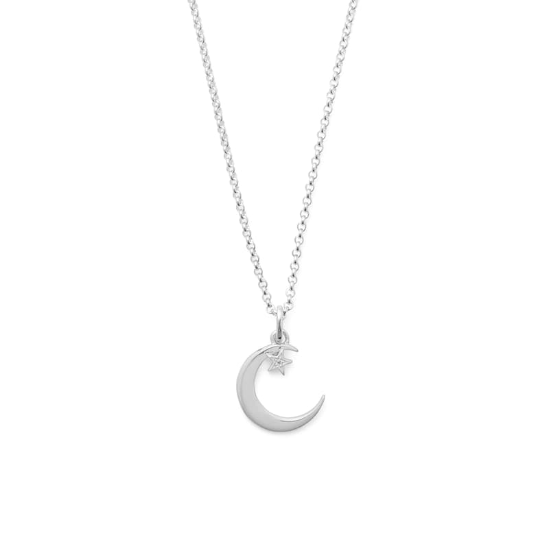 Crescent Moon & Star Pendant Necklace in Sterling Silver 925