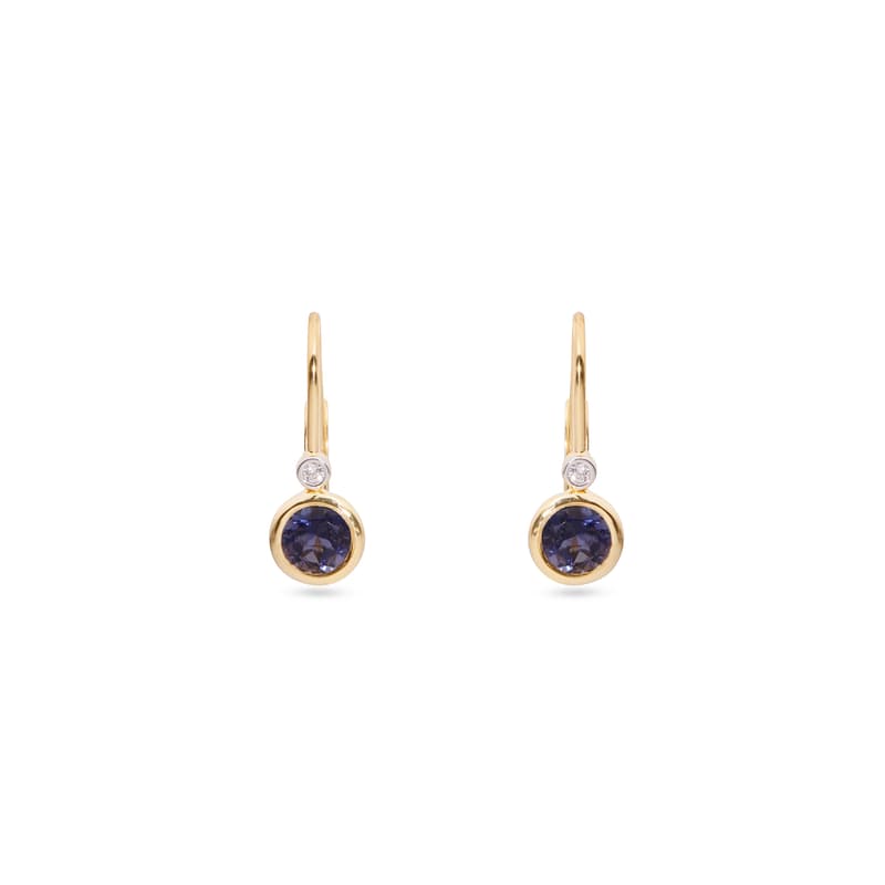 Diamond Earrings with Iolite in 14ct Gold