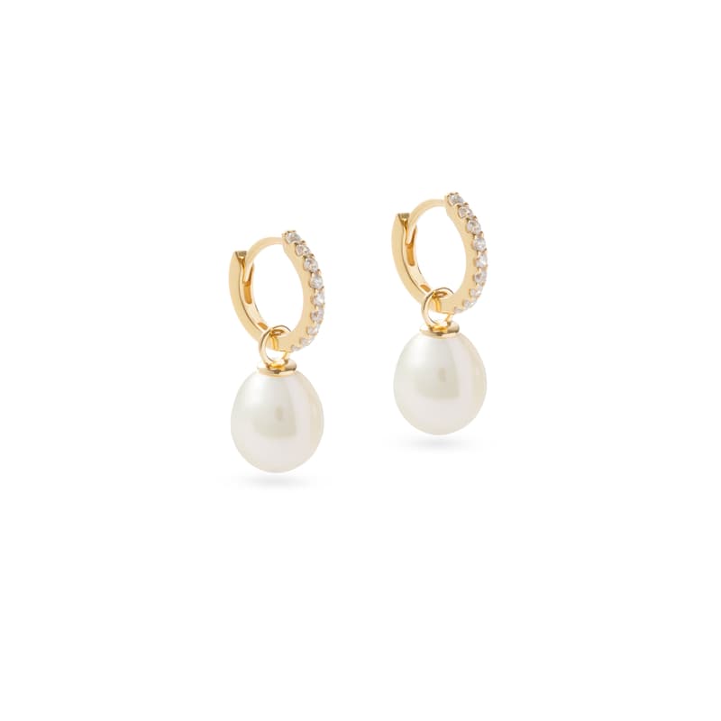 Diamond & Pearl Drop Huggie Earrings in 14ct Gold