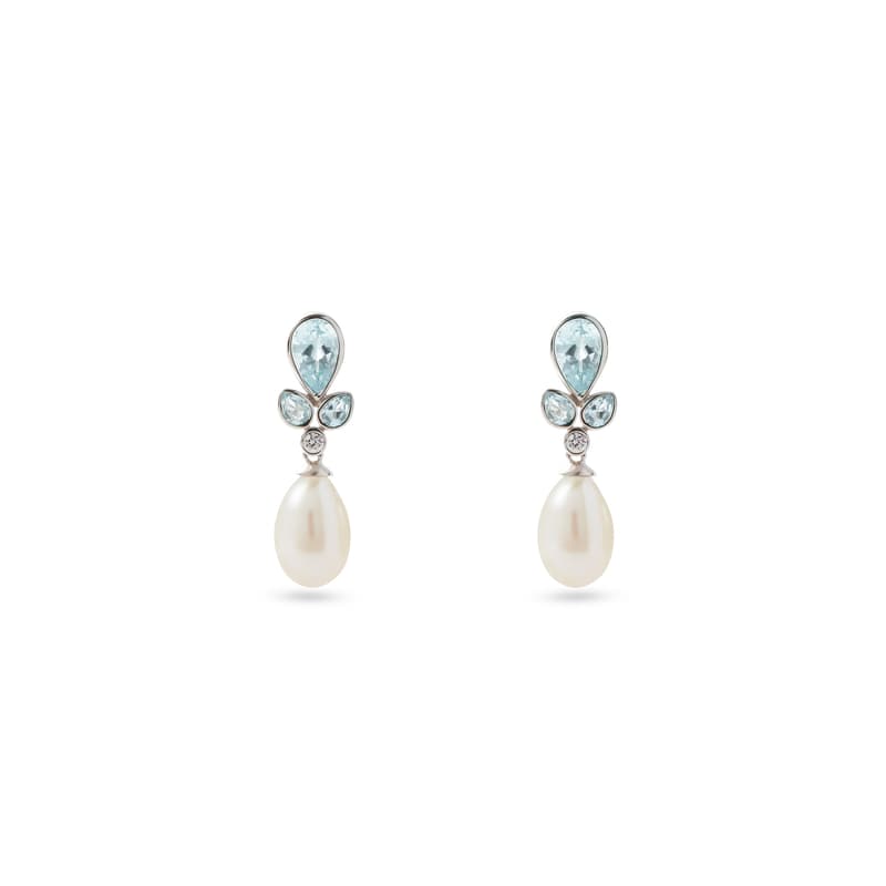 Floral Earrings with Aquamarine, Diamond & Pearl in 14ct White Gold