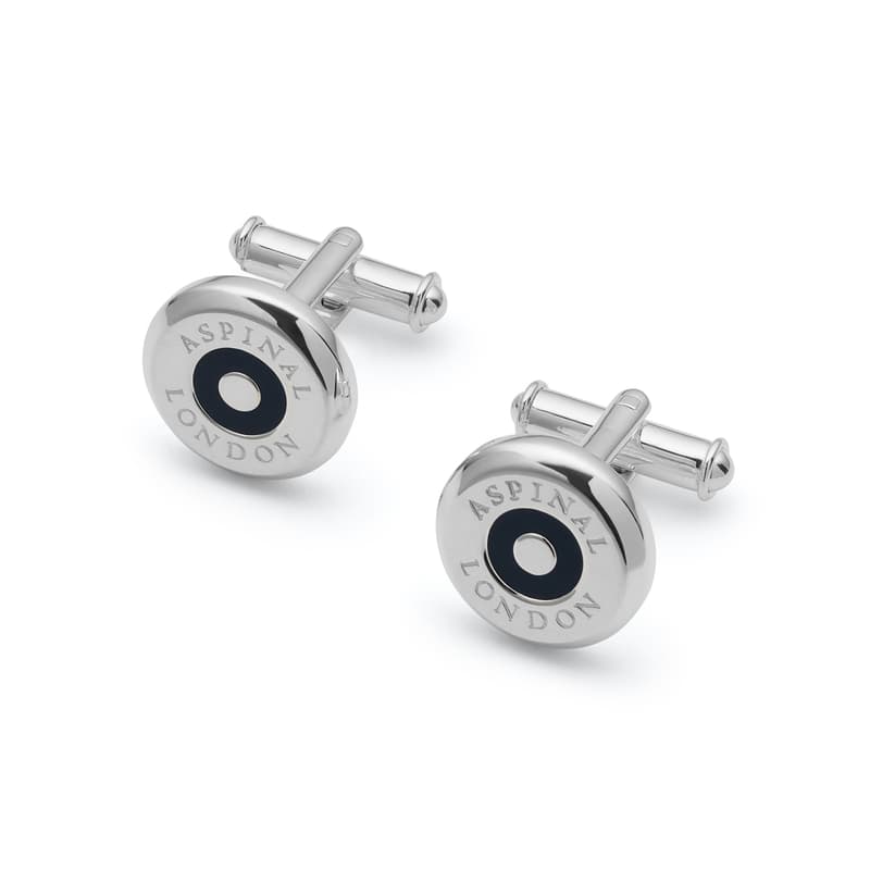 Enamel Button Cufflinks in Navy & Silver Plated